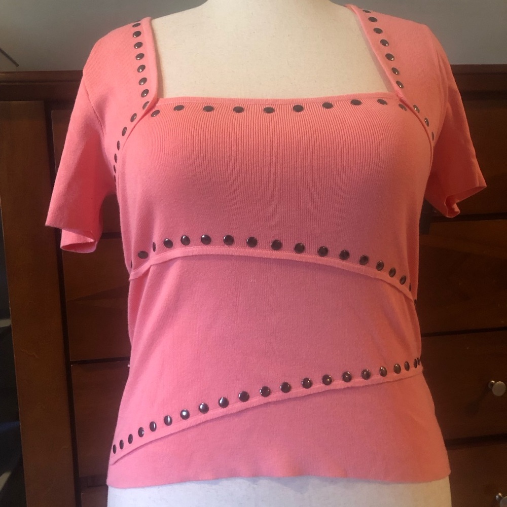 VENUS Coral Short-Sleeve Square Neck Top with Stud Trim